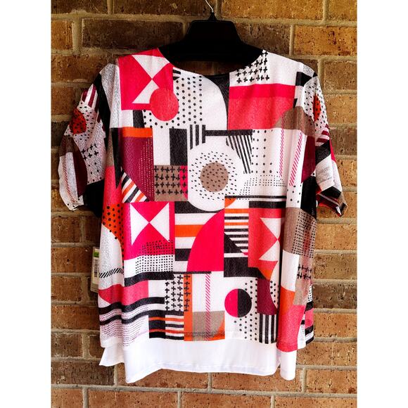Multiples Womens Multicolor Abstracts Round Neck Short Sleeve Blouse Size 1X NWT - Picture 2 of 3